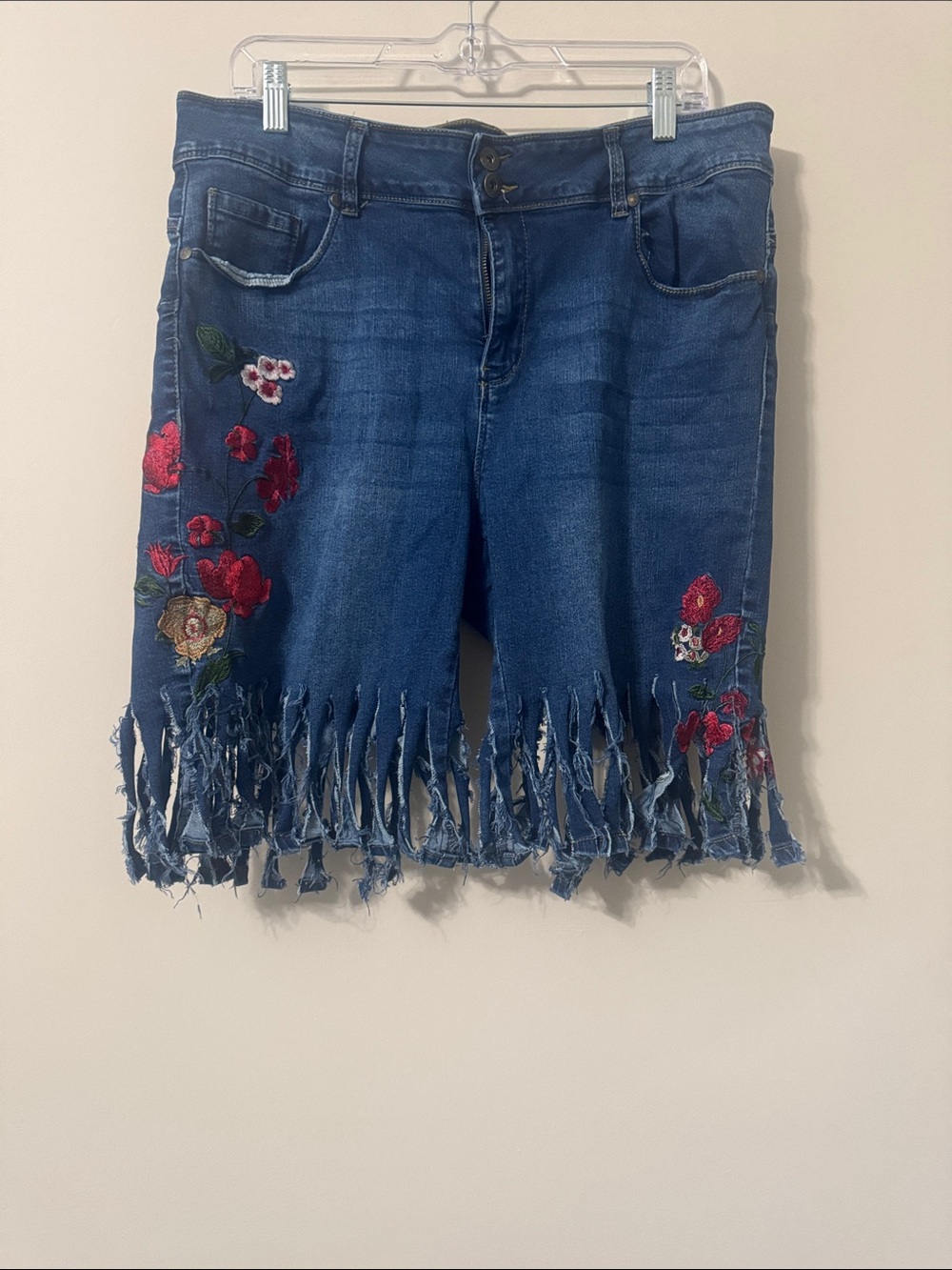 Embroidered Fringe Denim Shorts - Blue Floral